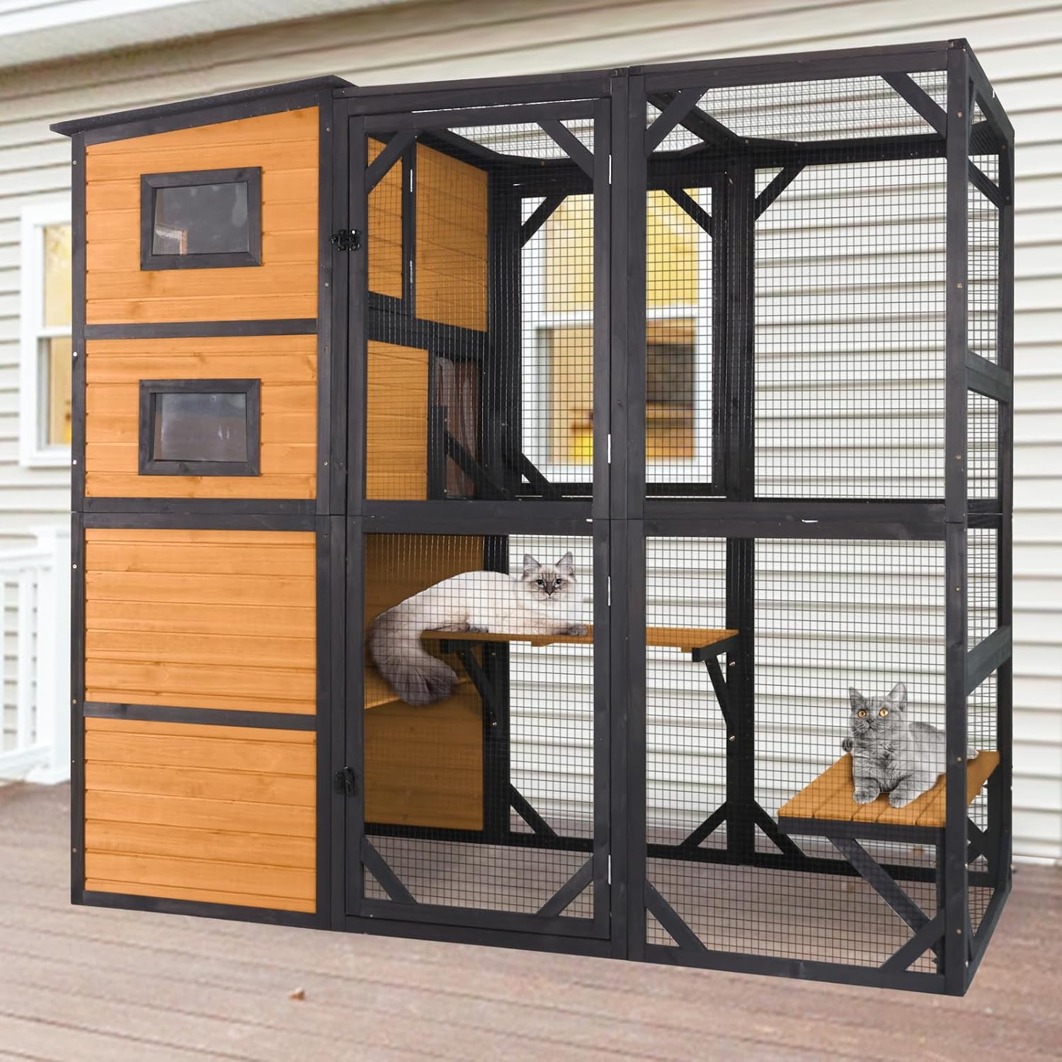 Catio Outdoor Cat Enclosure Large Cat Enclosure 4 Tiers Outdoor Cat House Connectable with Window,Brown,77" L