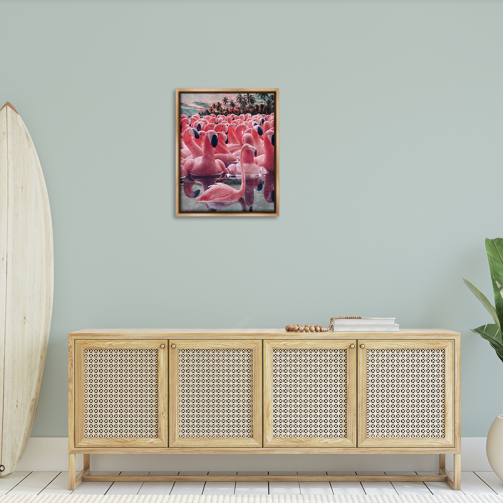 Stupell Industries Flamingo Among Floats Nautical & Beach Painting Brown Floater Framed Canvas Art Print Wall Art, 25 x 31