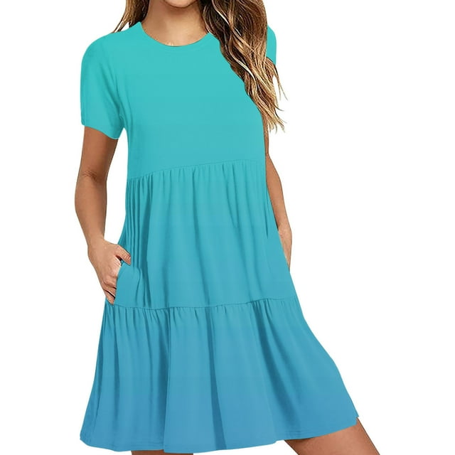 Hyknon Robes pour Femmes Mode Été Décontracté Manches Courtes Robe T-Shirt à Étages Mini Robes avec Poches Décontracté Doux Fluide Ample Robes
