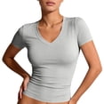 thumbnail image 2 of Women's V Neck Short Sleeve T-Shirt Slim Fit Lightweight Stretchy Breathable Fitted Casual Layering Tee Top 06-Light Gray S, 2 of 5