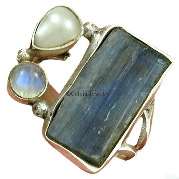 Genuine Kyanite, Pearl & Rainbow Moonstone Ring, Real 925 Sterling Silver, Natural Healing Stones, Stacking Ring, Stackable Ring, Multi Stone Ring For Women, Gothic Jewelry, June Birthstone (6.5)