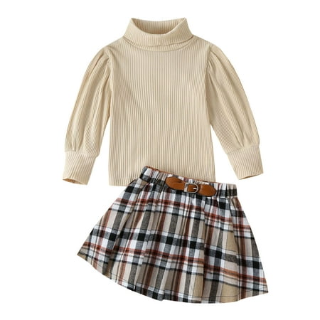 

ZRBYWB Toddler Kids Baby Girls Clothes Long Bubble Sleeve Ribbed Solid Tops Blouse Plaid Skirt Outfit Clothes Set 2PCS