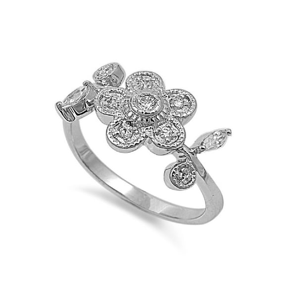 Flower Cubic Zirconia Ring Sterling Silver 925 Size 10