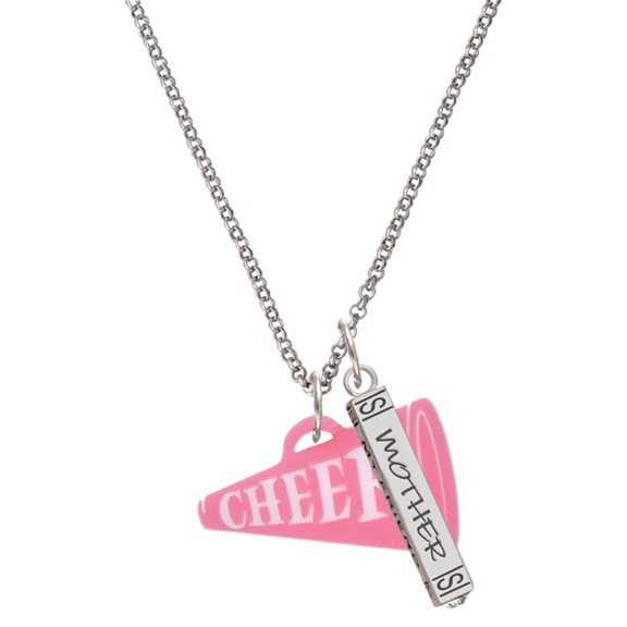 Delight Jewelry Acrylic 1.25" Pink Cheer Megaphone Silvertone Mother Daughter Bar Charm Necklace, 23"