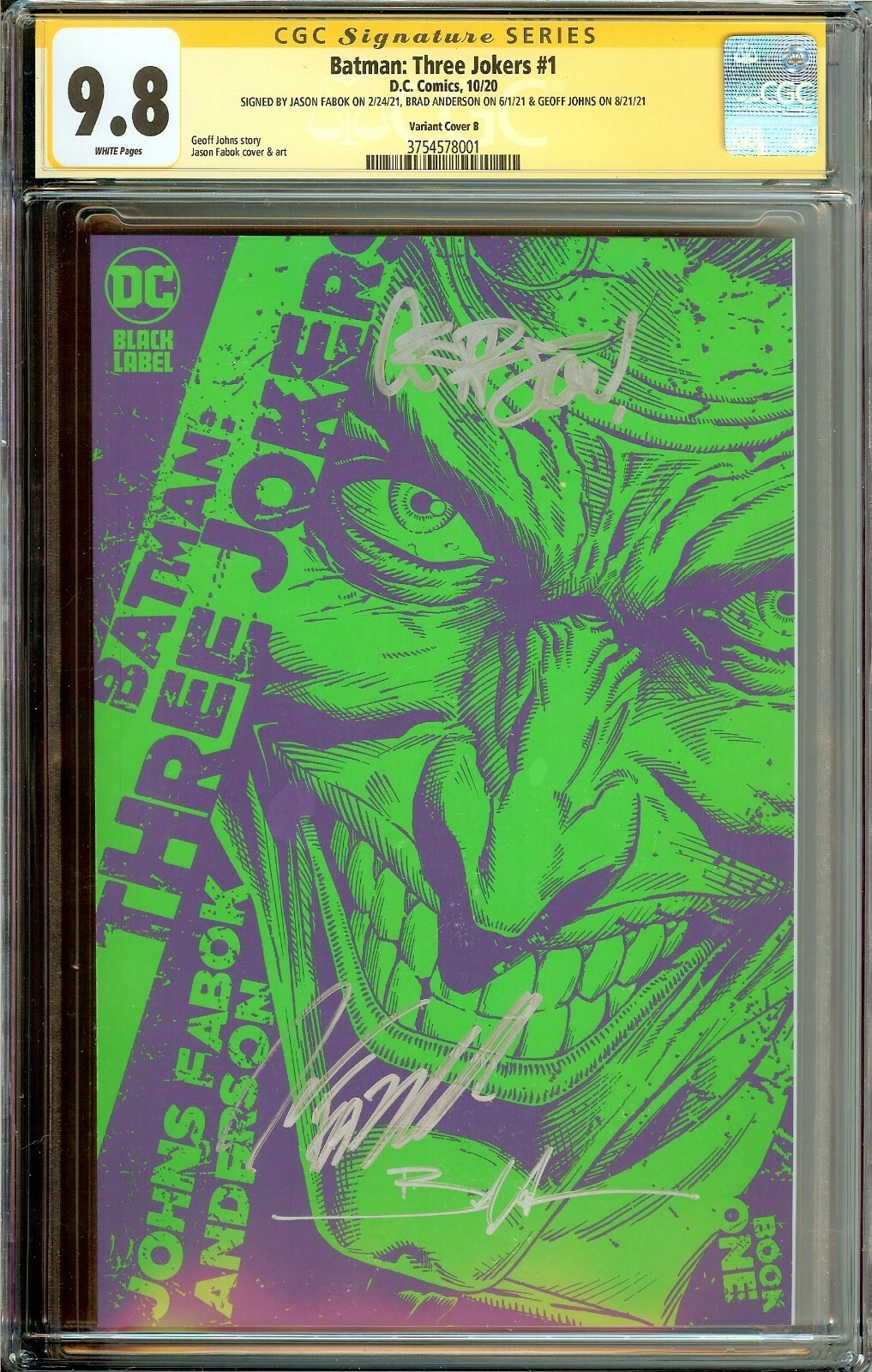 Batman: Three Jokers #1 CGC 9.8 Signature Series – 1:25 Cover B – Triple Signed (Fabok, Anderson, Johns)