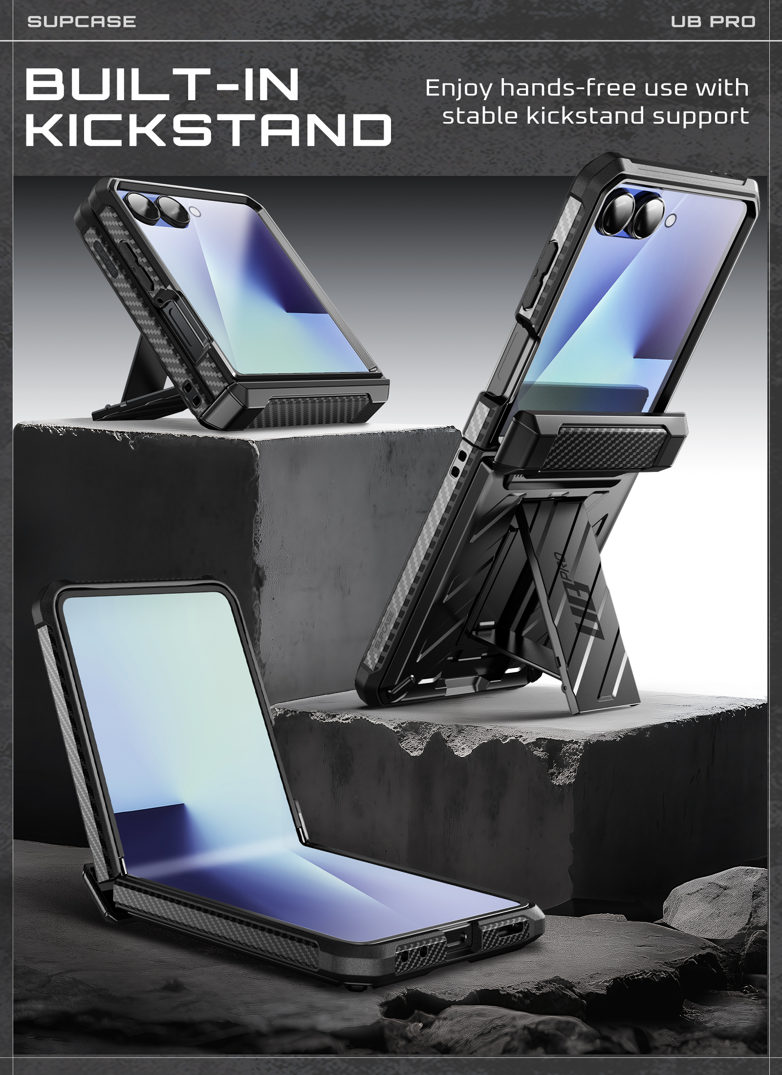 SUPCASE Unicorn Beetle Pro for Samsung Galaxy Z Flip 7 Case with Built-in Stand & Belt-Clip, [Hinge Protection] [Front Tempered Glass Screen Protector] Full Body Military-Grade Phone Cover, Black