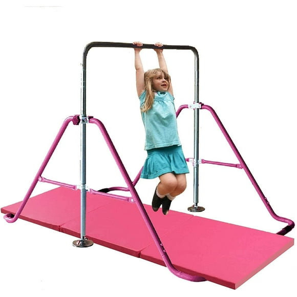 ToyKraft Barre de Gymnastique Extensible pour Enfants avec Tapis Tri-Pli 6 Pieds X 2 Pieds, Barre Kip Réglable pour l'Entraînement de Gymnastique, Barre de Singe pour Terrain de Jeu de Gymnase Junior pour Garçons et Filles (Rose)
