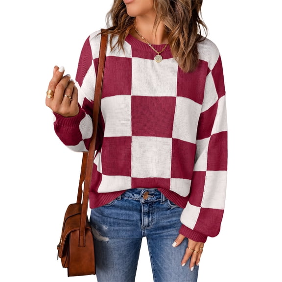 DOKOTOO Womens Casual Knit Sweaters Plaid Crewneck Long Sleeve Loose Fit Fall Winter Pullover Tops S-2XL