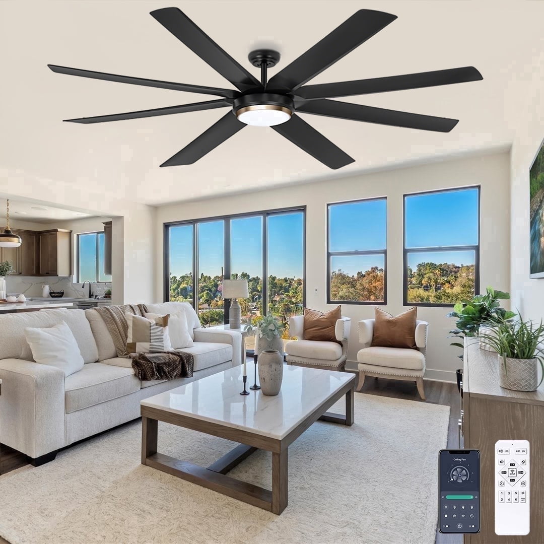 Ohniyou 70" Indoor Outdoor Ceiling Fans with Lights and Remote 8 Blades 6 Speed Dimmable Large Ceiling Fan for Patios Living Room Bedroom, Matt Black