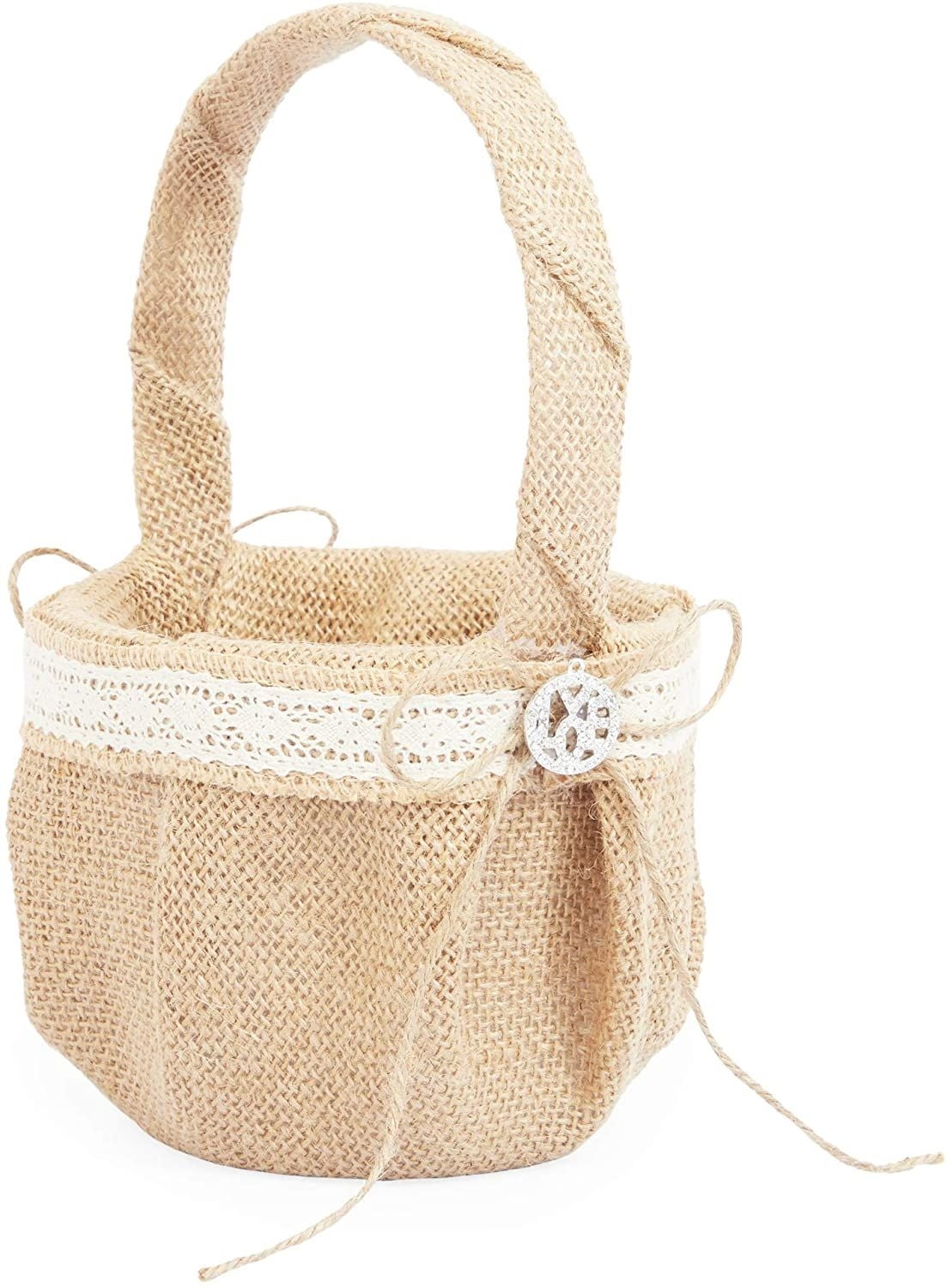 Burlap Hessian Lace Flower Girl Basket Rustic Country Vintage Wedding Prom 
