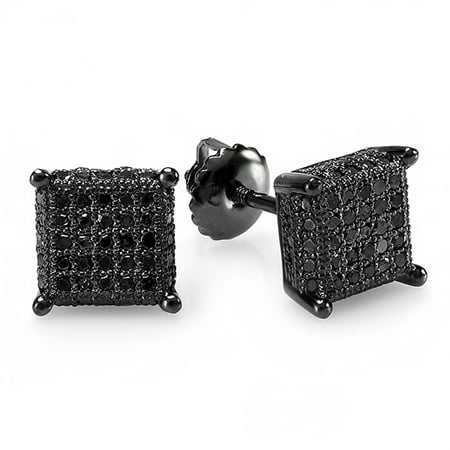 0.48 Carat (ctw) Sterling Silver Round Black Diamond Dice Shape Ice Cube Mens Hip Hop Iced Stud Earrings 1/2 CT