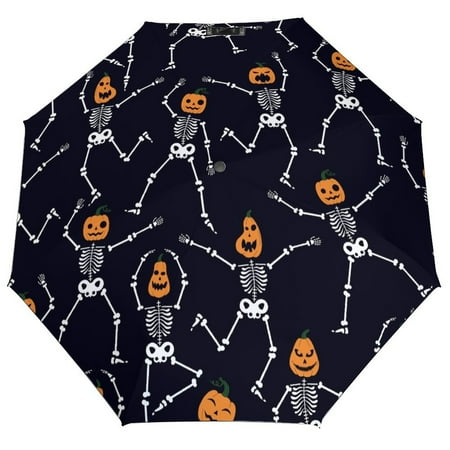 

ANYWAY.GO Windproof & Water-Resistant Compact Foldable Travel Umbrellatotes Pattern Skeletons Pumpkin Head Halloween Portable Travel Umbrella，Diameter 42.5 in