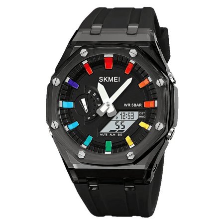 SKMEI 2100 Waterproof Men Watch Countdown Stopwatch Led Light Electronic Movement Wristwatch 5Alarm Clock 2 Time Digital Watches black white