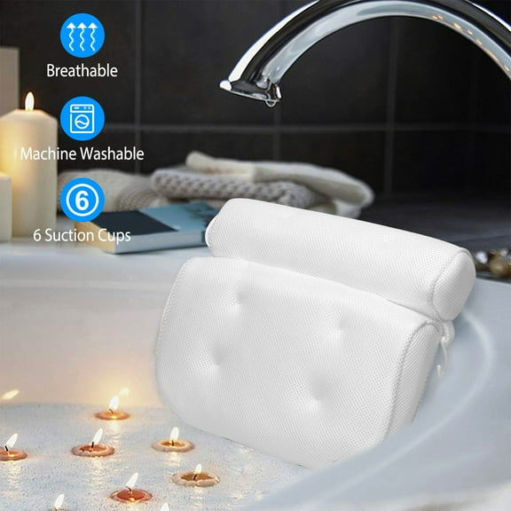 Imountek Bathtub Pillow with 6 Suction Cups, Breathable Air Mesh Spa Pillow for Neck & Head Support, White