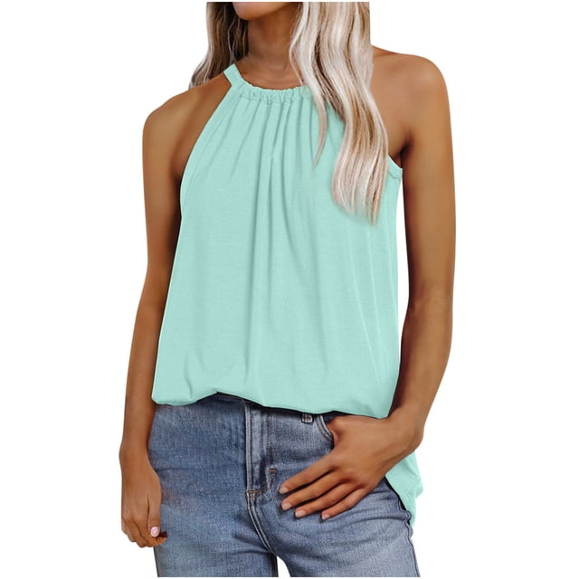 Timegard Womens Tank Tops Crew Neck Pleated Back Drawstring Comfy Summer Casual Sleeveless Tops Blouse