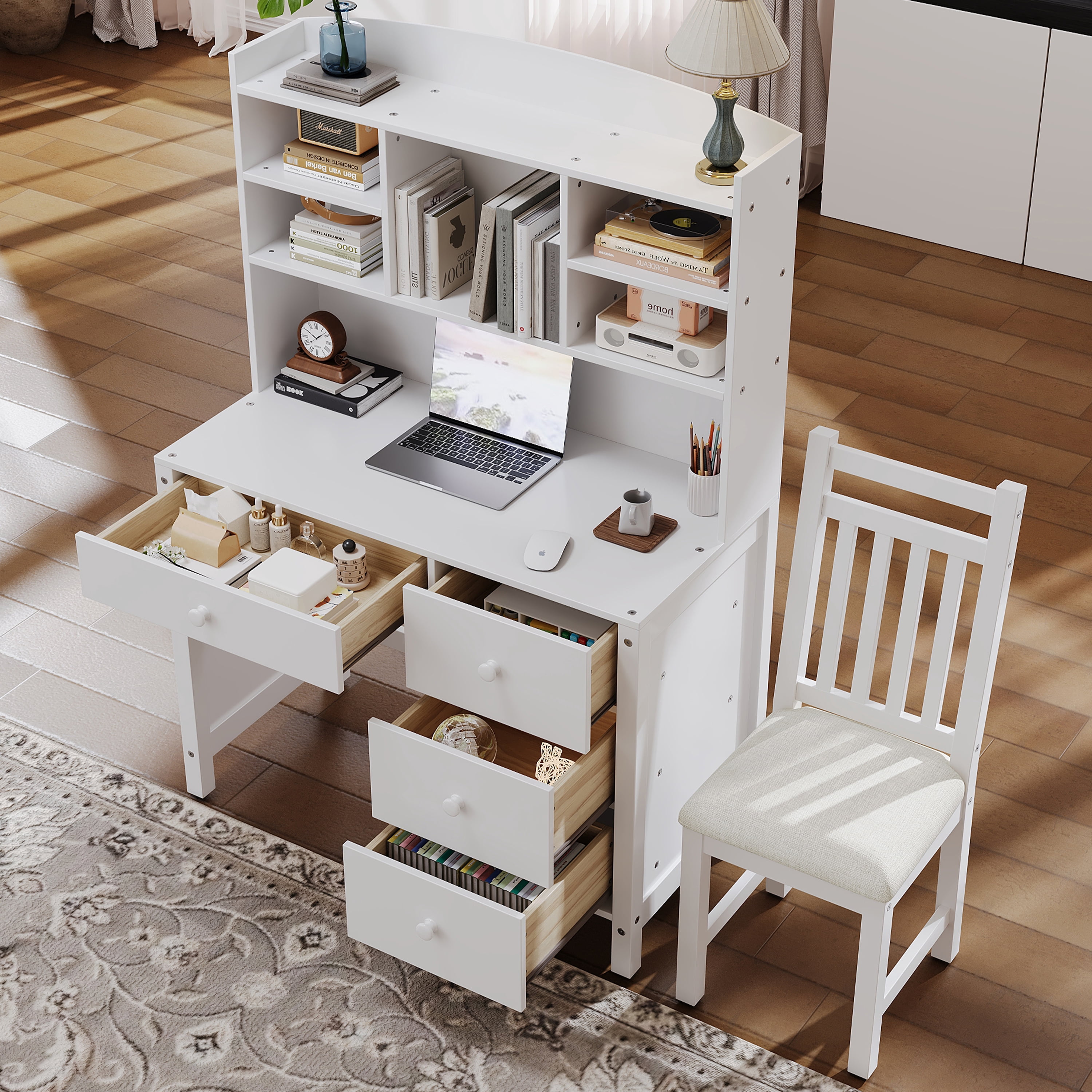 Aukfa 40" Home Office Computer Desk with Hutch, Executive Desk & Upholstered Chair Set with Bookshelf for Study/Bedroom, White