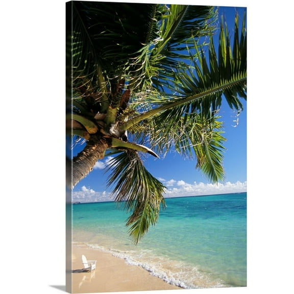 Great Big Canvas "Distant View Of White Beach Chair In Shoreline Waters With Palm Tree" by Dana Edmunds White Forest Green Wrapped Canvas Print Wall Artwork