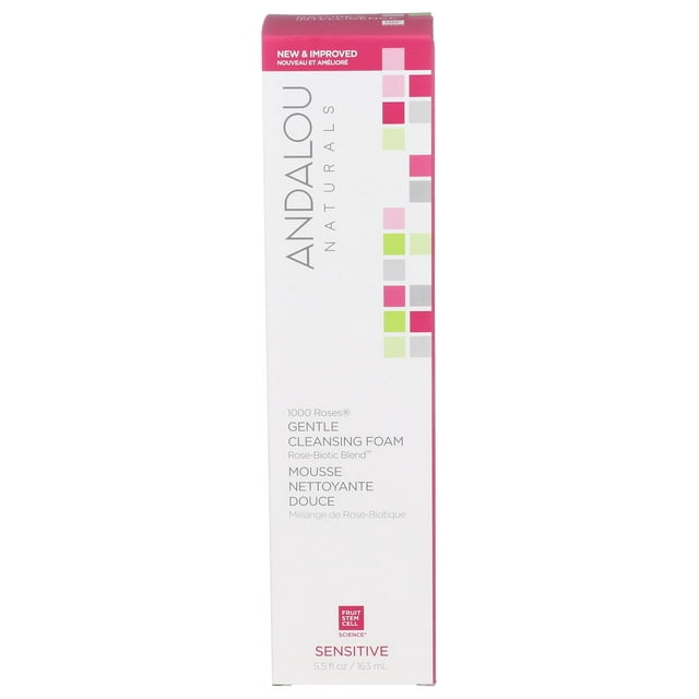 Andalou Naturals 1000 Roses Gentle Cleansing Foam for sensitive skin, 5.5 fl oz (163 ml), displayed in its white and pink packaging with colorful square accents. A facial cleanser featuring Fruit Stem Cell Science and Rose-Biotic Blend to support healthy skin microbiome. Vegan, gluten-free, and Leaping Bunny certified.