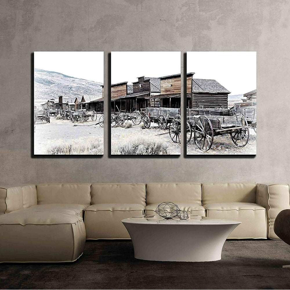 Wall26 - 3 Piece Canvas Wall Art - Cody, Wyoming, Old Wooden Wagons in ...