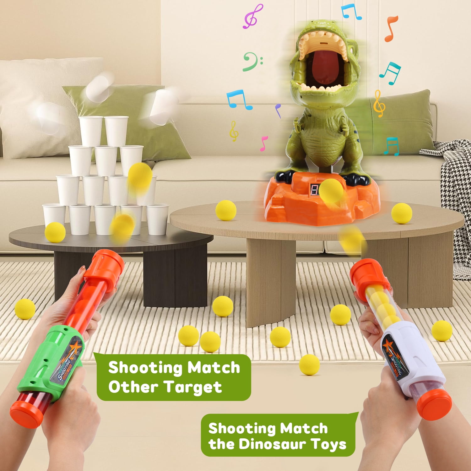 JoyStone Moveable Dinosaur Shooting Game Toy for Kids, Shooting Target with 2 Pump Blasters, 36 Foam Balls and LCD Score Record