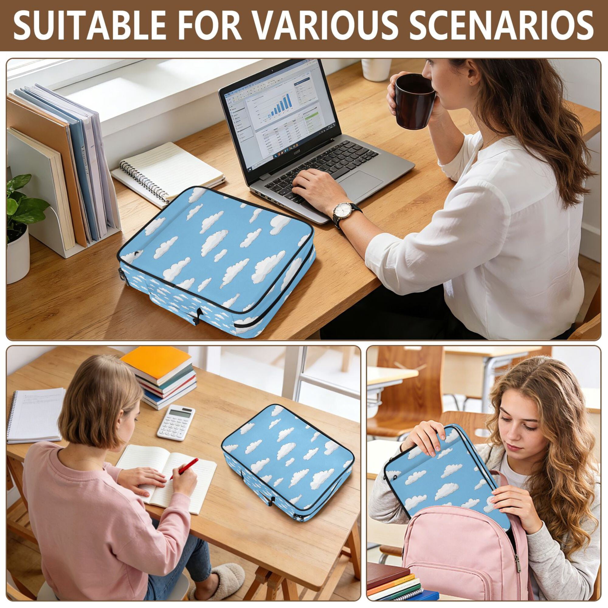 FORMRS Accordion File Folder A4 Size 7-Pocket Expanding Document Organizer Bag with 3 Ring Binder, Cartoon Cloud Pattern