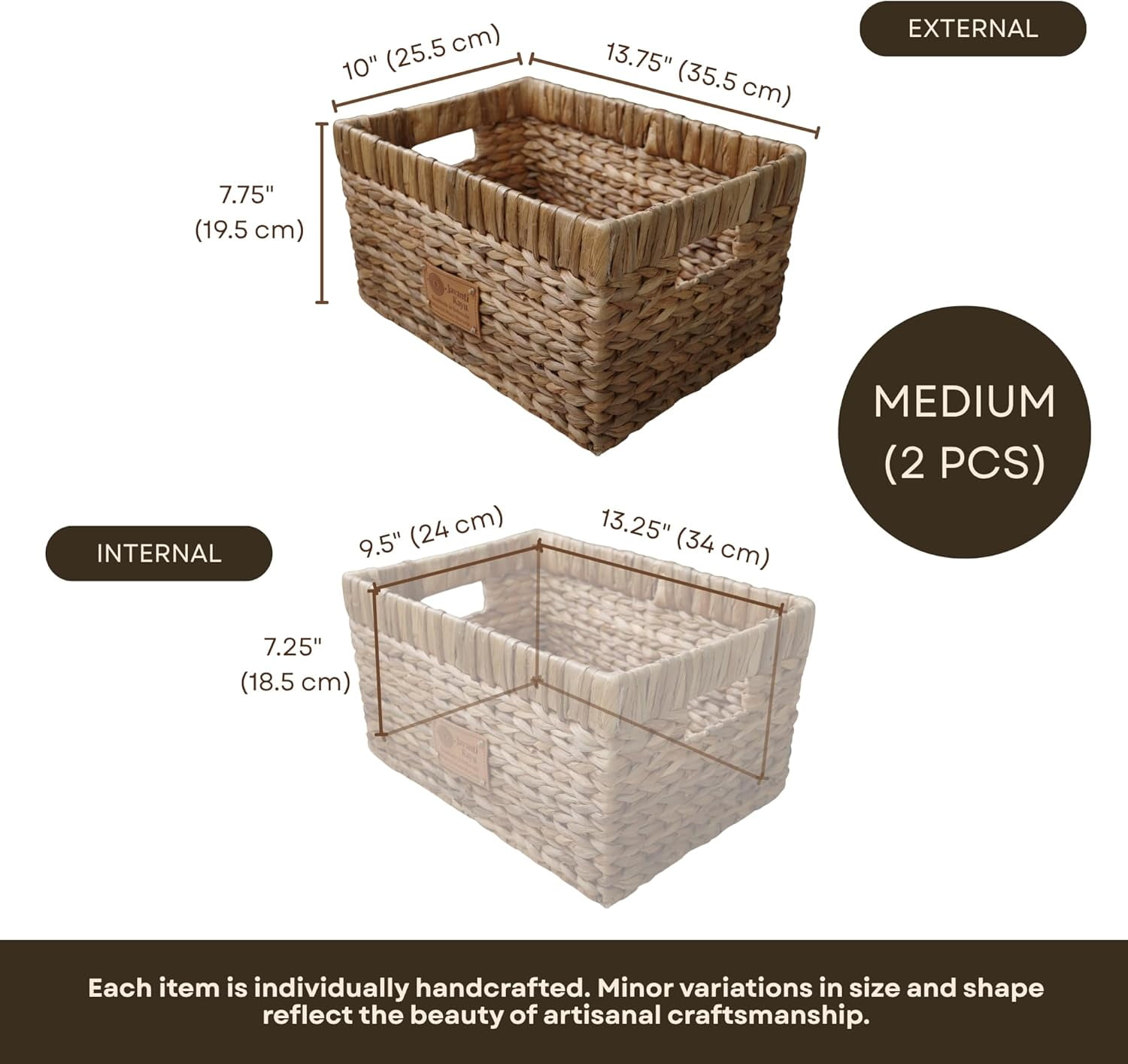 JAVANTI KAYU - Handmade Water Hyacinth Wicker Storage Basket with Handles – Rectangle Organizer Bin for Shelves, Blanket, Bathroom, Closet – Stackable – Decorative & Durable (5, 2 Med + 3 Small)