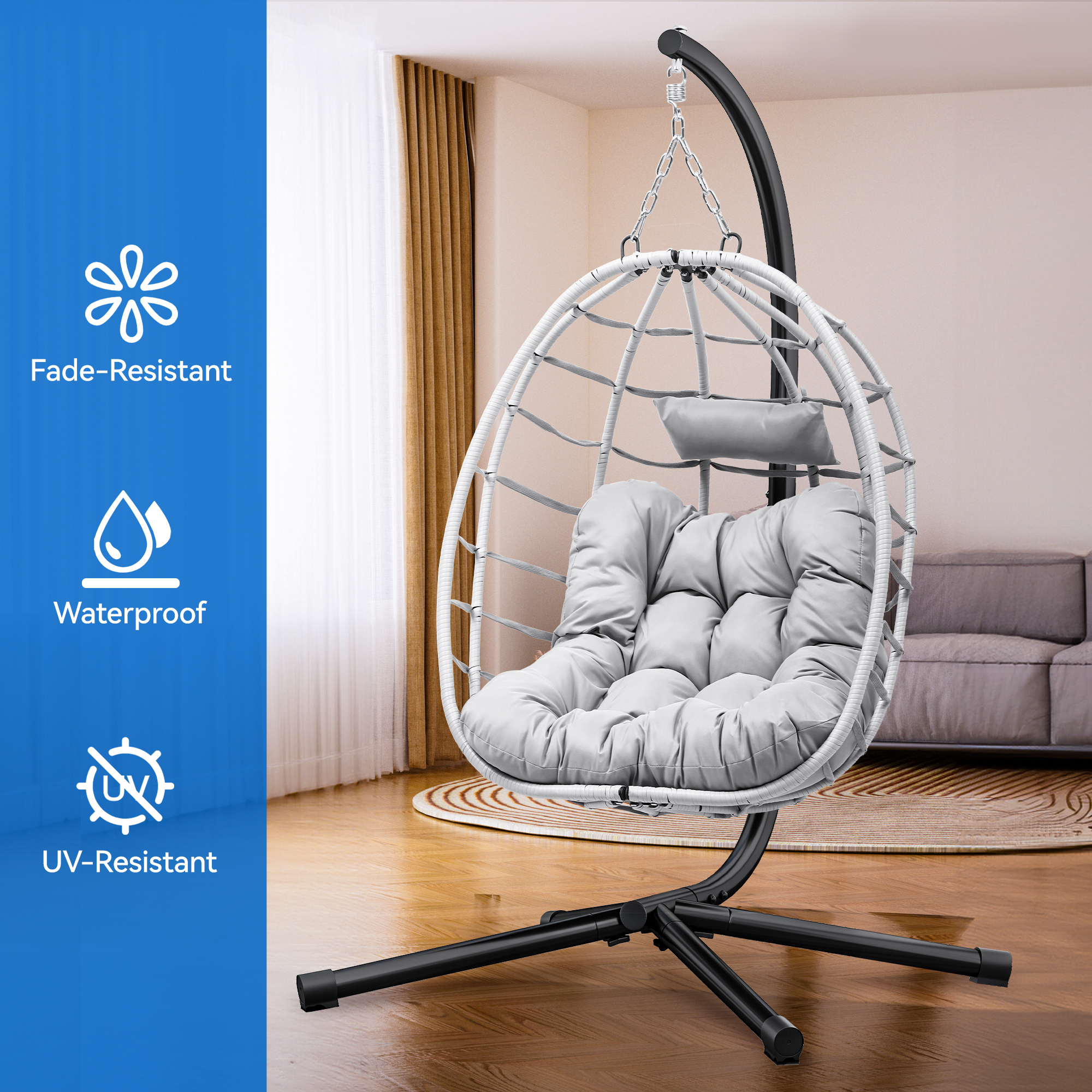 Uforic Egg Chair Swing Hanging Outdoor Wicker Hammock Chairs Indoor with Steel Stand UV Resistant Cushion 330lbs for Patio, Bedroom, Garden and Balcony - Gray