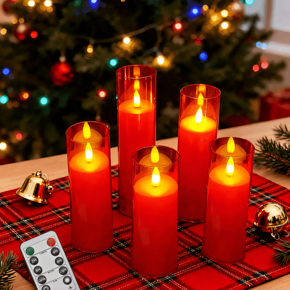 Goyuon 5 Pack Red Flameless LED Cylindrical Candles with Remote Control & Timer, Realistic Flickering Flame, Battery Operated for Weddings, Home Decor & Party