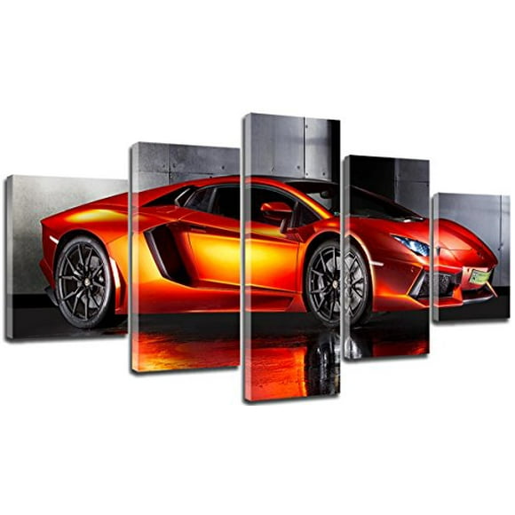 Large 60X32 Inch Big Pictures of Lamborghinis,Classic Car Canvas Wall Art Framed Orange Fast Car Metal Cool Sports Poster 5 Panel 3D Diamond Print Painting for Boys Room