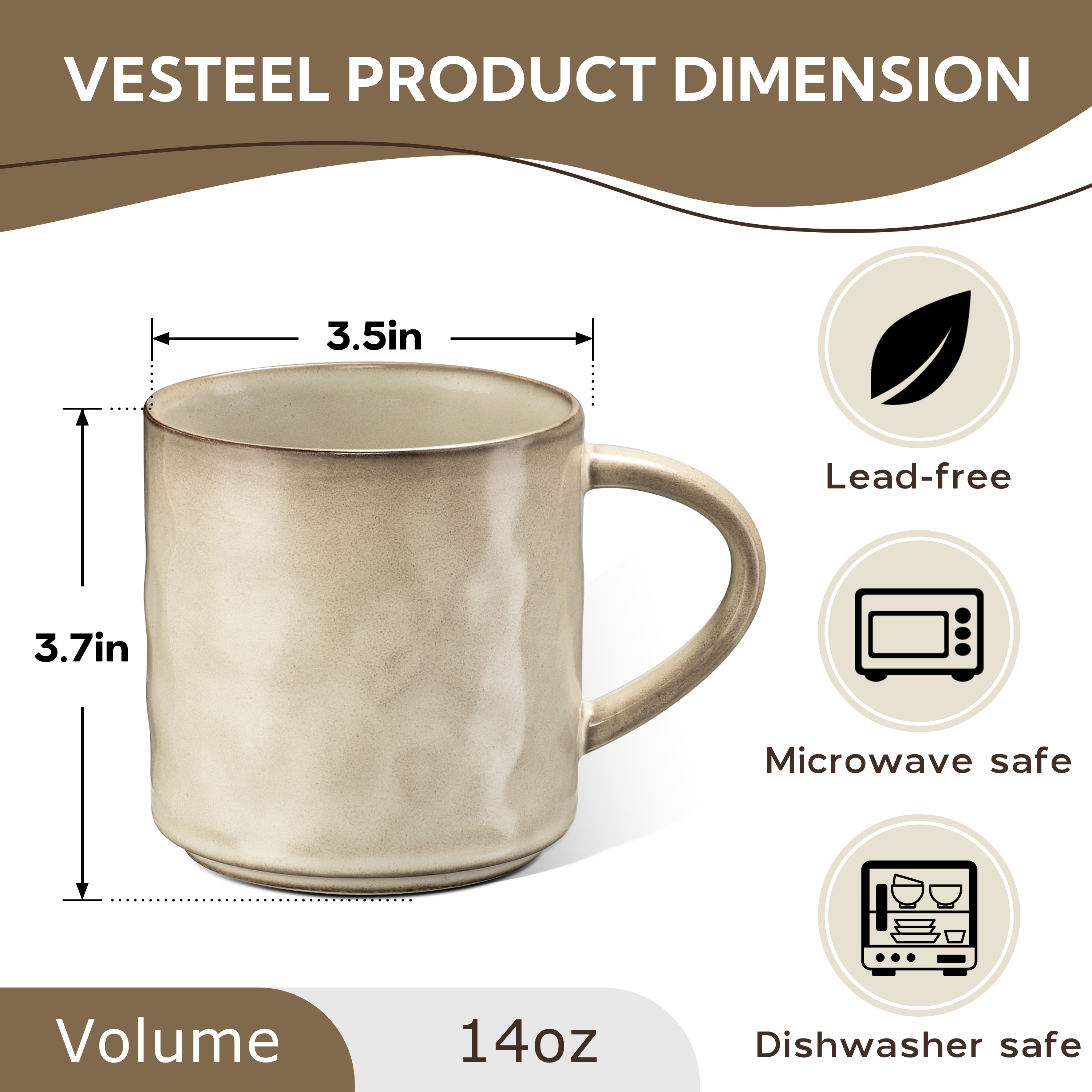 Vesteel Ceramic Coffee Mug Set of 4, Khaki photo 8
