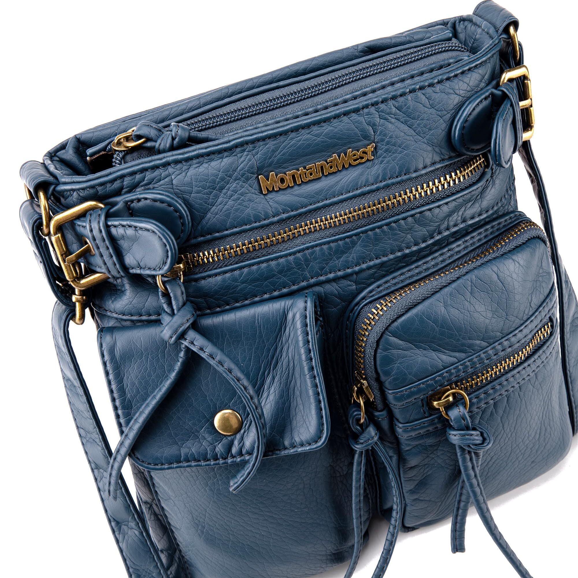 Montana West Crossbody Bag for Women Soft Washed Leather Multi Pocket Shoulder Purses, Blue
