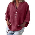 thumbnail image 2 of Plus Size Tops for Women Viikei Womens Plus Size Tops,Fall Tops for Women,Women's Fashion Solid Color Tops Long Sleeved Loose Cotton and Linen Loose Shirt Blouse V-Neck Casual Tops Wine XXL, 2 of 7