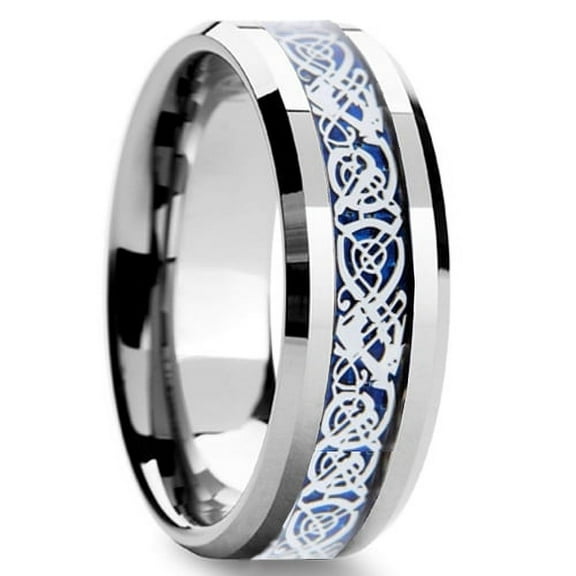 Tungsten Wedding Band Ring 8mm Men's Engagement Silver Celtic Dragon & Blue Carbon Fiber Inlay