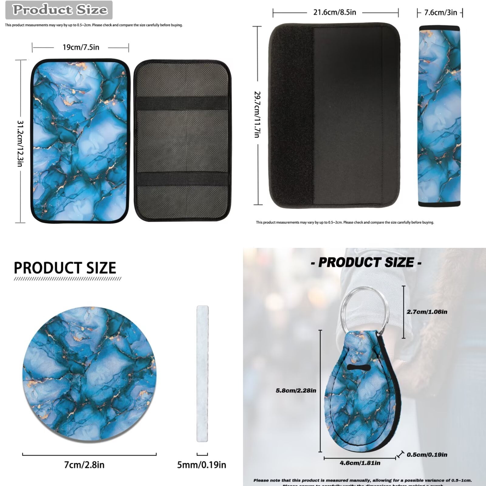 HUIACONG Blue Marble Print Car Seat Covers Full Set Front and Back with Steering Wheel Cover Seatbelt Covers Coasters Arm Rest Cover Headrest Cover Keychain 14 Pcs