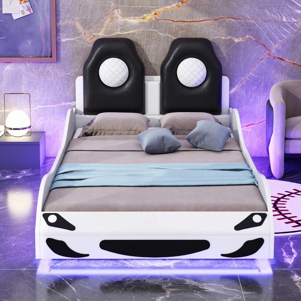 [Comfortable & Safe] Restonic Wood Twin Size Race Car Bed with LED & Upholstered Backrest