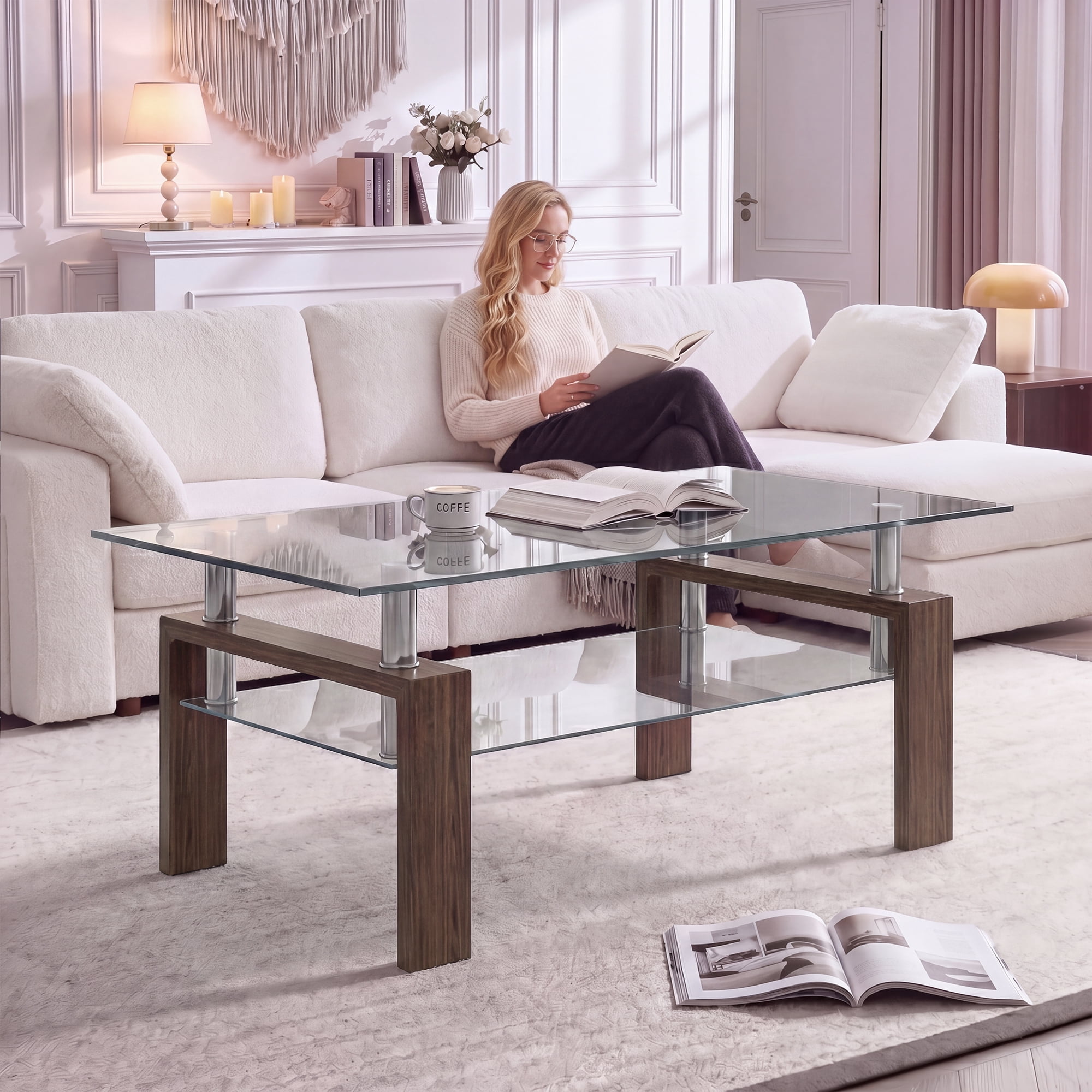 Glass Coffee Table with Lower Shelf, Holaki Modern Rectangular Tempered Glass Center Table with Metal Legs for Living Room, Walnut