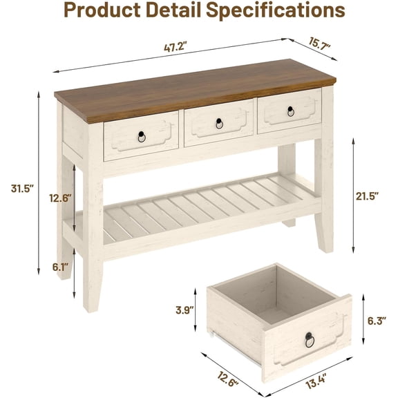 Acekid 47 Inch Long Console Table - Farmhouse Narrow Entryway Sofa Table with Drawers, White Brown