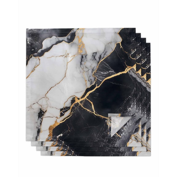 Cloth Napkins Set of 4 - 20x20 Inches, Marble Black Washable Reusable Table Napkins, Abstract Gold White Brick Stone Motif Soft & Absortbent Dining Napkin for Party Wedding Hotel Restaurant