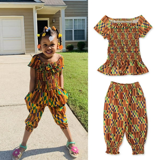 QTBIUQ Toddler Baby Girls Fashion Pattern Bohemian Off Shoulder Ruffles  Elastic Top Pants Suit（Orange,12-18 Months） 