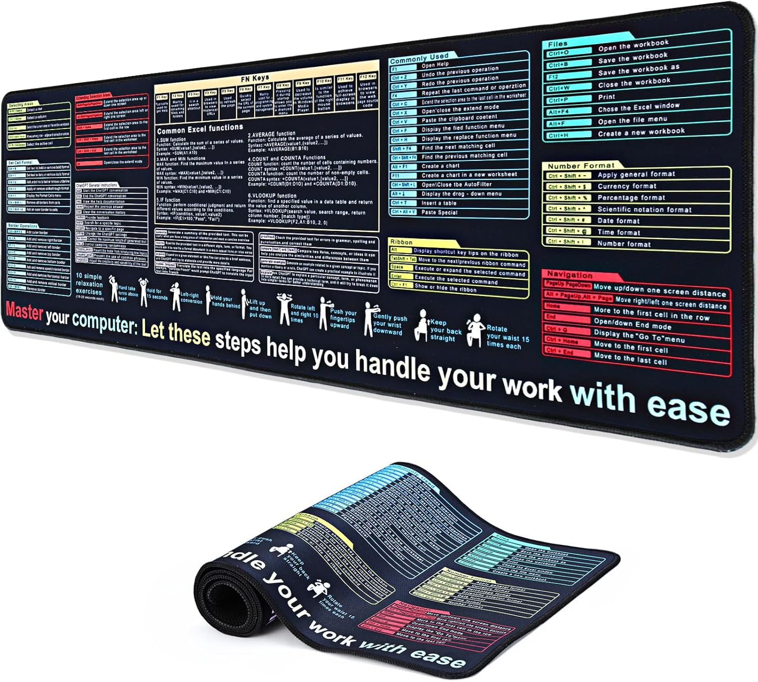 Get Excel Pad Excel Shortcut Keys Mouse Pad Black Gaming Mouse Pad XL Desk Mat Cheat Sheet 31 5x11 8x0 12 Inch Large Mouse Pad For Desk Excel Shortcut Keys Excel Shortcuts Mousepad