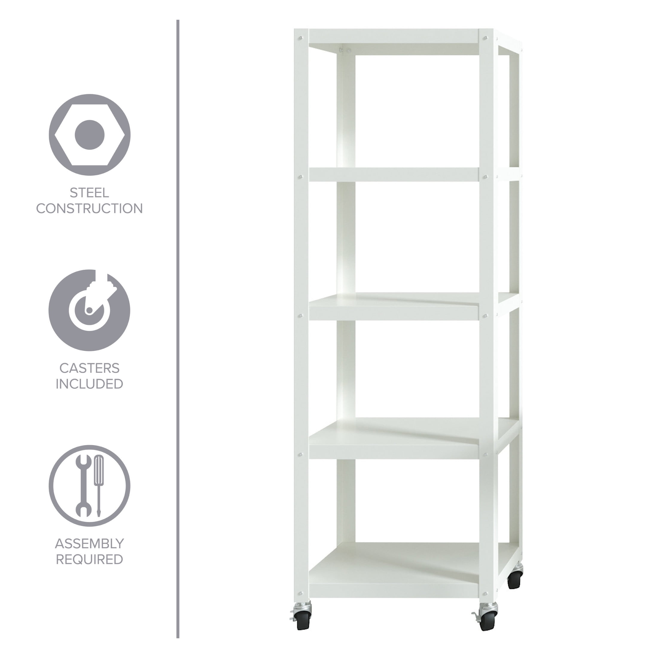 Office Dimensions 72" High Rolling 5 Shelf Bookcase, Industrial Metal, White