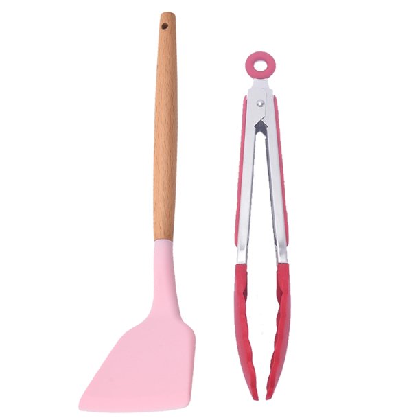 Juego de 2 piezas de silicona para utensilios de cocina, utensilios de cocina resistentes al calor con mango de madera, utensilio de cocina antiadherente