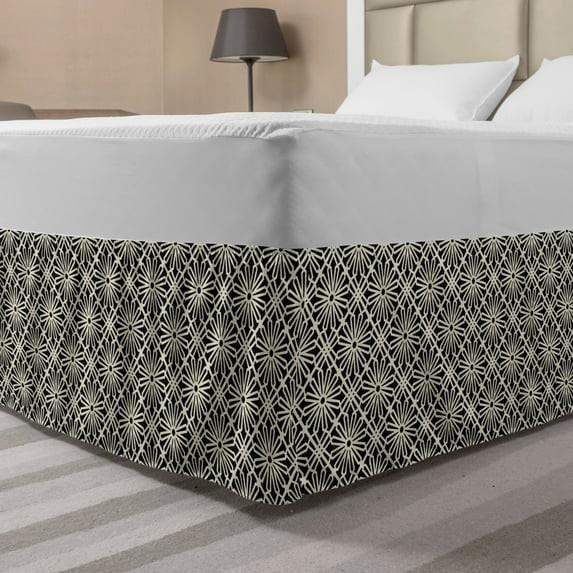 Moroccan Bed Skirt, Classic Continuous Floral Autumnal Floral Geometric Motifs Pattern, Elastic Bedskirt Dust Ruffle Wrap Around for Bedding Decor, 4 Sizes, Eggshell Charcoal Grey, by Ambesonne
