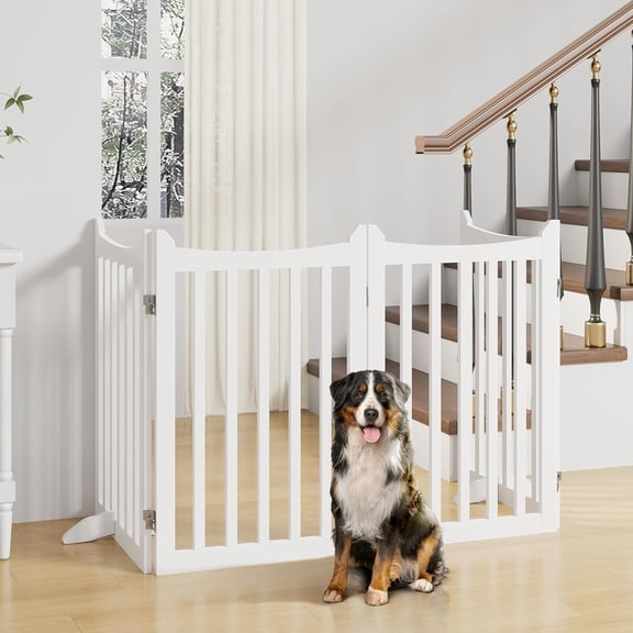 36" H Extra Tall Freestanding Pet Gate 4-Panel Wooden Dog Fence with 2 Support Feet Folding Dog Gate for Indoor, Stairs, Doorways, Halls, Kitchen Wooden Pet Barrier White, 79.5" L x 36" H