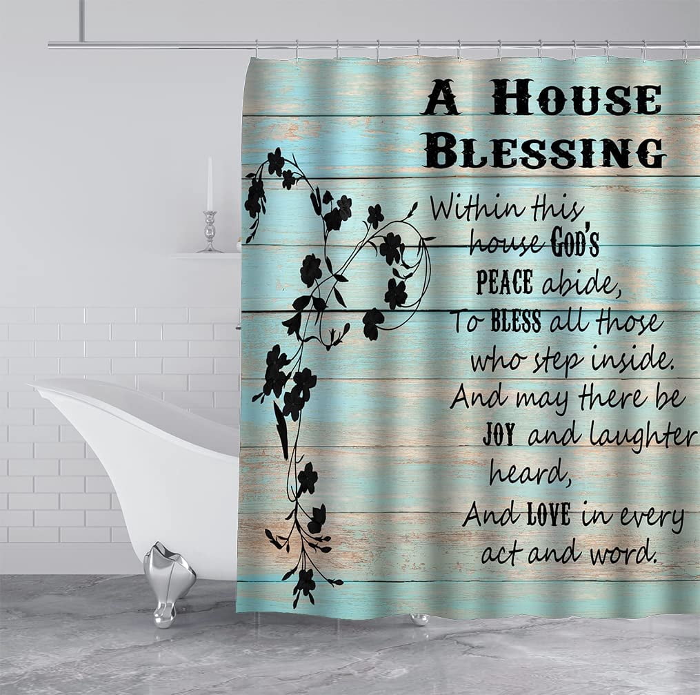 Inspirational Quotes Shower Curtain, Mint Green Country Wood Planks Black Flower Rustic Farmhouse Bathroom Decor, Waterproof Polyester Fabric Shower Curtain, 72x72 Inch, A House Blessing