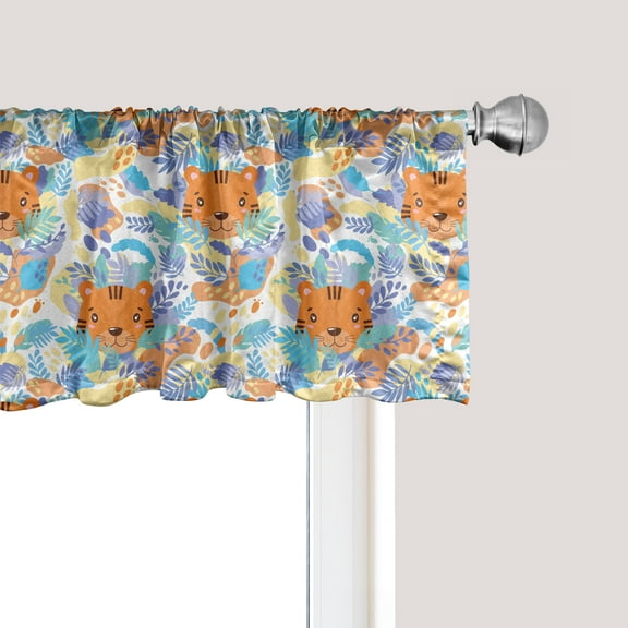 Ambesonne Cartoon Window Valance, Tigers and Leafy Branches, 54" X 12", Dark Orange Multicolor