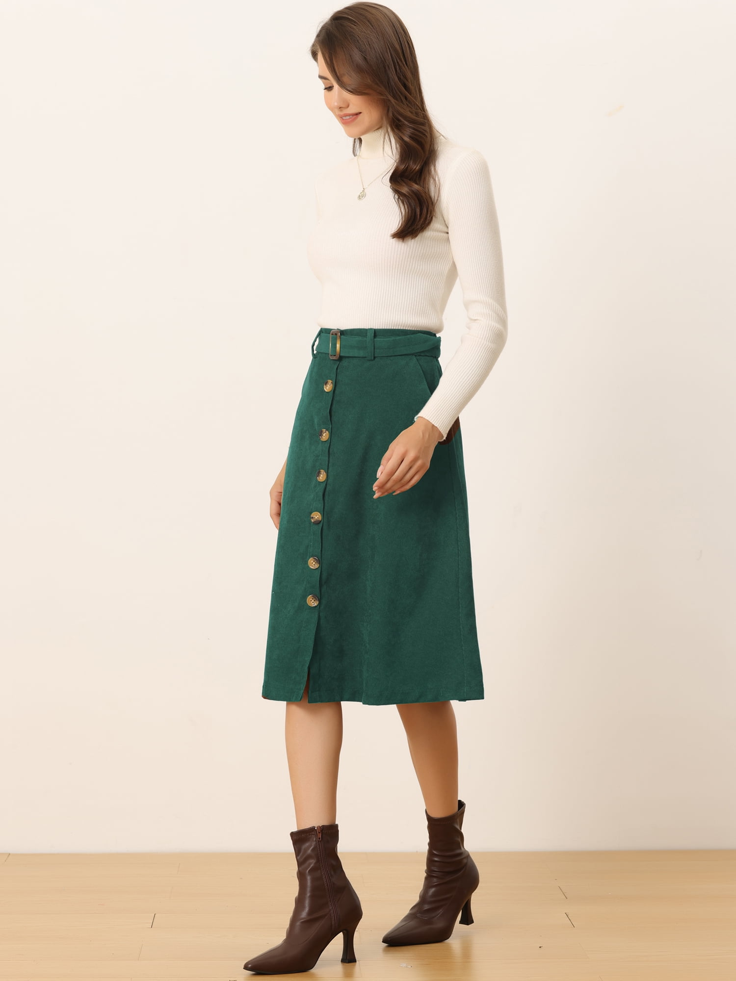 DARING DIVA Women's A-Line Button Front Belted Midi Skirts L Dark Green