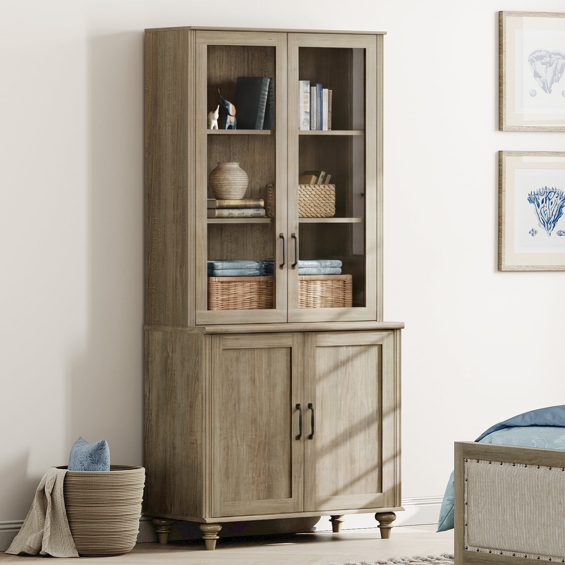 72.1"H × 33.9"W Large Farmhouse Wooden Bookcase with Glass Doors & Shelves, Storage Cabinet Bookcase for Living Room, Bedroom, Home Office & Kitchen, Wash Gray