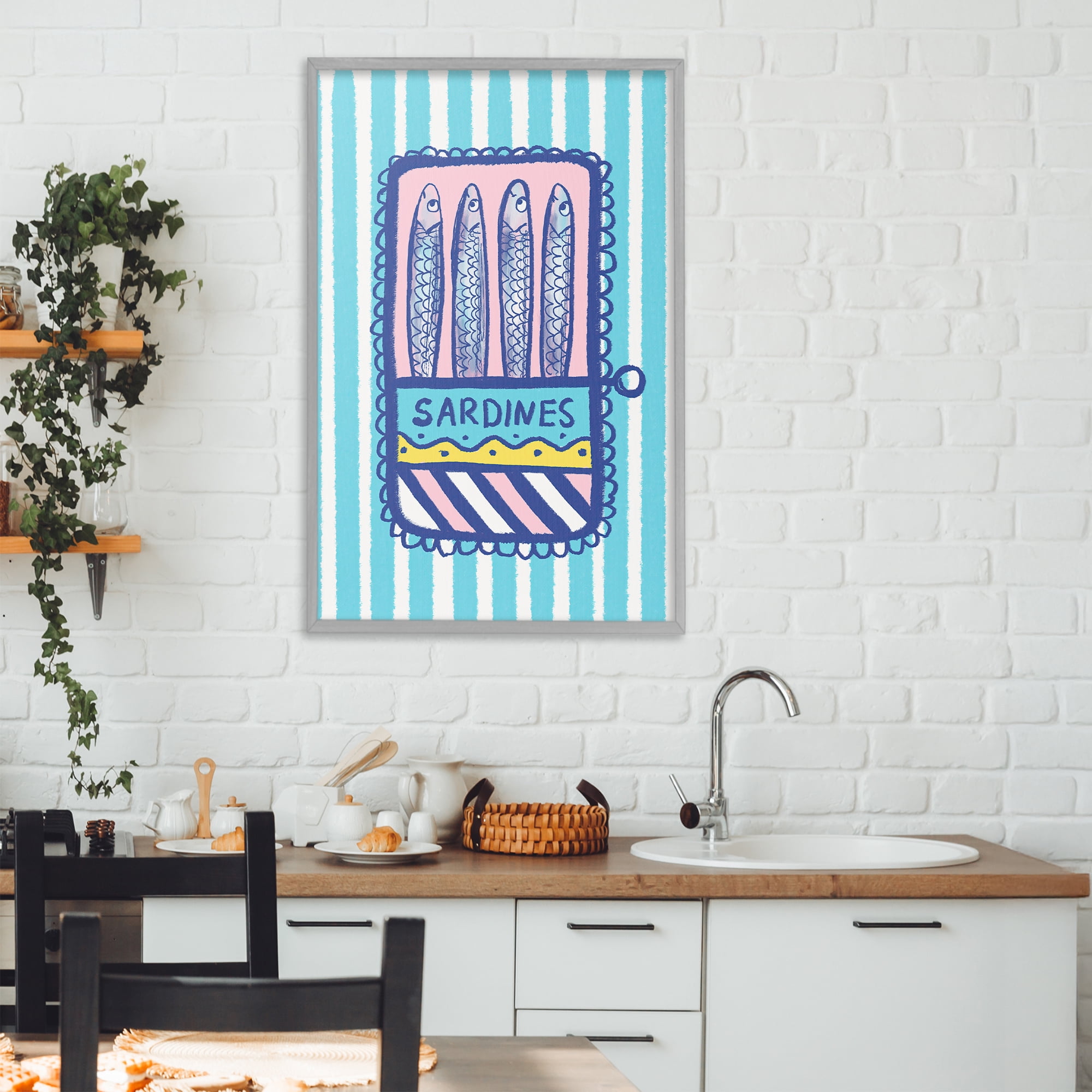 Stupell Industries Pastel & Stripes Sardines Gray Framed Giclee Art, design by Florentina Dolci