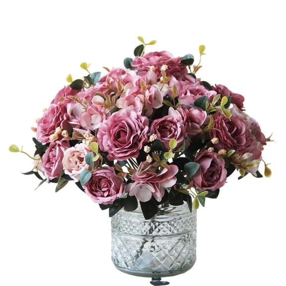 HuiXinOu Artificial Rose Peony Bouquet, Fake Hydrangea Flowers, Realistic Silk Flower Arrangement, Suitable for Home, Wedding Table Centerpieces & Indoor Decor